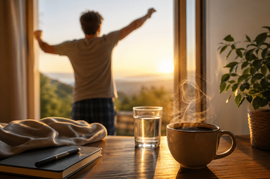 Taza de café caliente junto a un vaso de agua sobre una mesa al amanecer, con una persona estirándose frente a la ventana iluminada por la luz del sol.