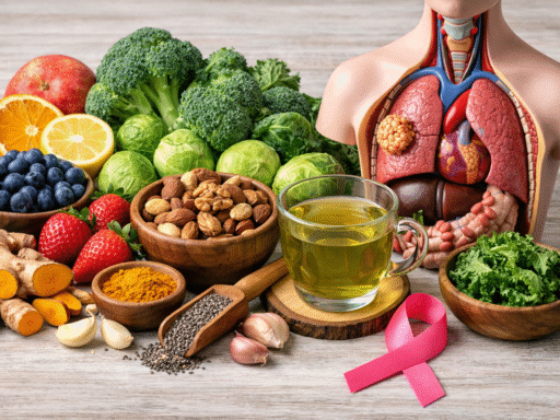 Frutas y verduras crucíferas, cúrcuma, frutos secos y té verde sobre una mesa clara, con un lazo rosa y un modelo anatómico que representa órganos afectados por el cáncer, ilustrando alimentos anticancerígenos.