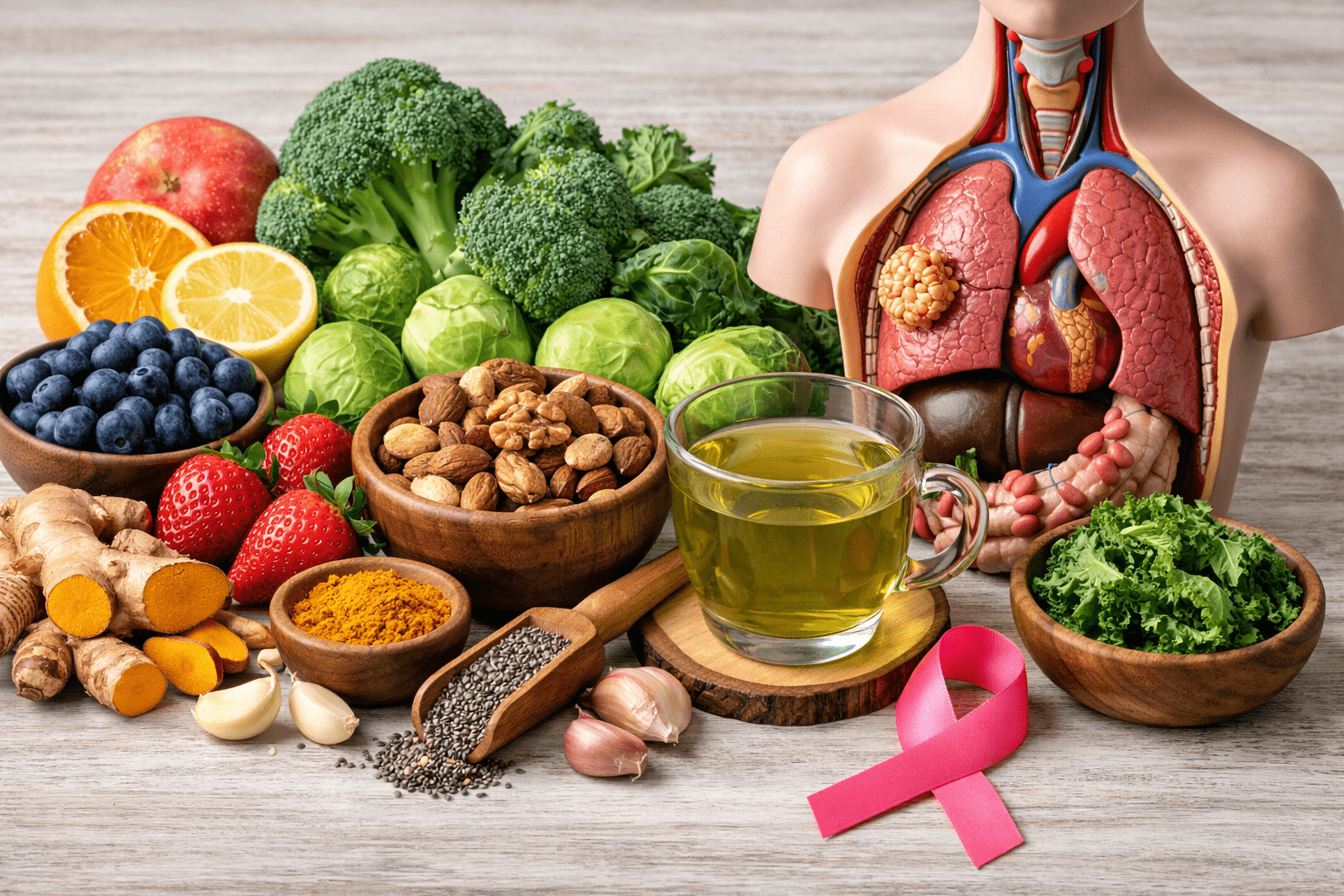 Frutas y verduras crucíferas, cúrcuma, frutos secos y té verde sobre una mesa clara, con un lazo rosa y un modelo anatómico que representa órganos afectados por el cáncer, ilustrando alimentos anticancerígenos.