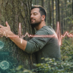 Hombre adulto abrazando un árbol grande en un bosque frondoso, con ojos cerrados y expresión de tranquilidad, transmitiendo relajación y conexión con la naturaleza.
