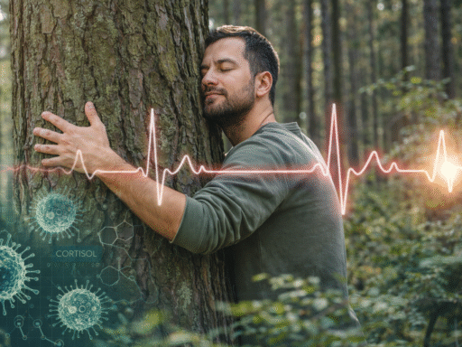 Hombre adulto abrazando un árbol grande en un bosque frondoso, con ojos cerrados y expresión de tranquilidad, transmitiendo relajación y conexión con la naturaleza.