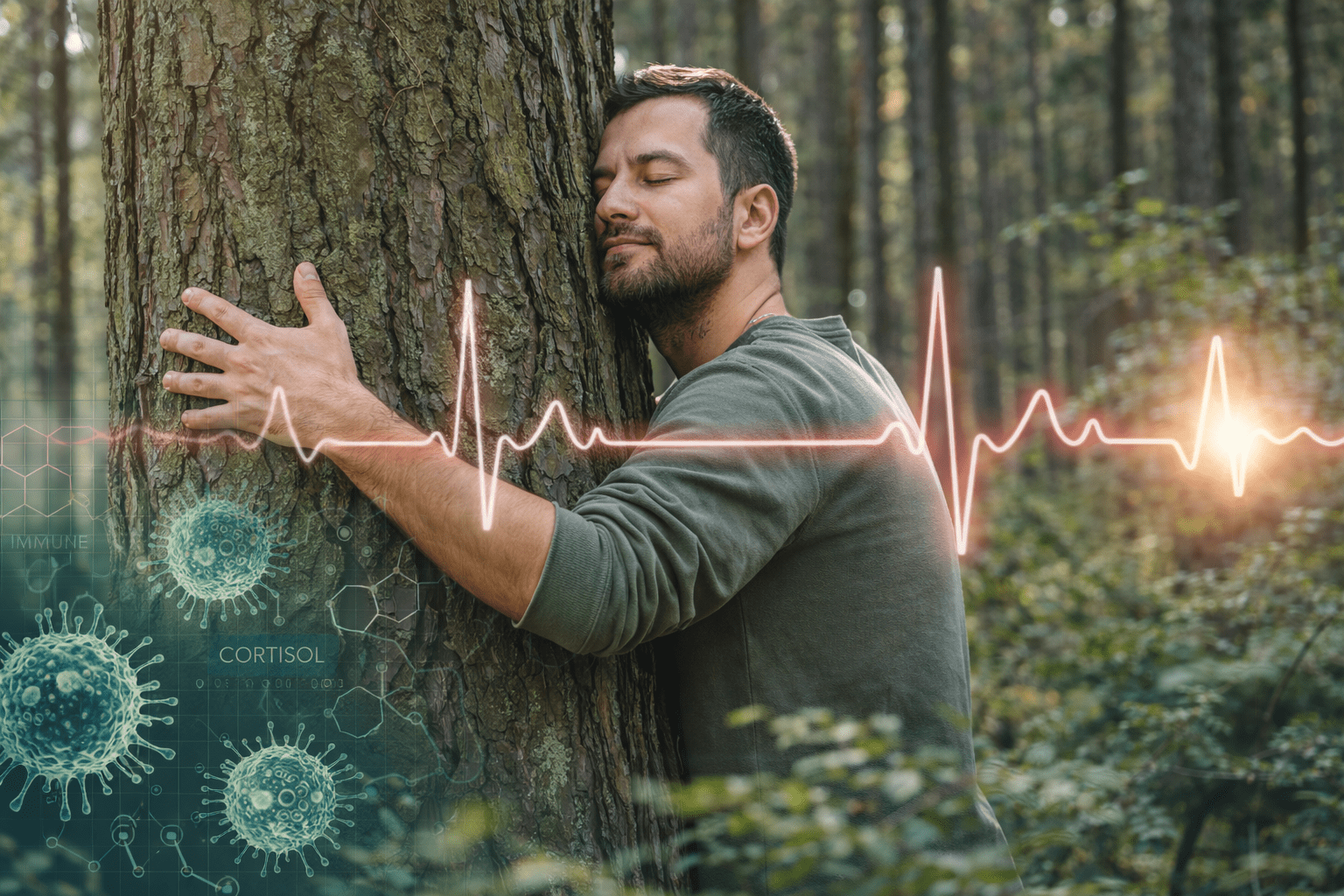 Hombre adulto abrazando un árbol grande en un bosque frondoso, con ojos cerrados y expresión de tranquilidad, transmitiendo relajación y conexión con la naturaleza.