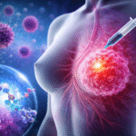 Ilustración médica de un tumor de Cáncer de mama con una inyección terapéutica y moléculas representando el compuesto experimental MACTIDE-V en desarrollo contra los tipos más agresivos de la enfermedad.