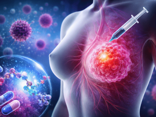 Ilustración médica de un tumor de Cáncer de mama con una inyección terapéutica y moléculas representando el compuesto experimental MACTIDE-V en desarrollo contra los tipos más agresivos de la enfermedad.