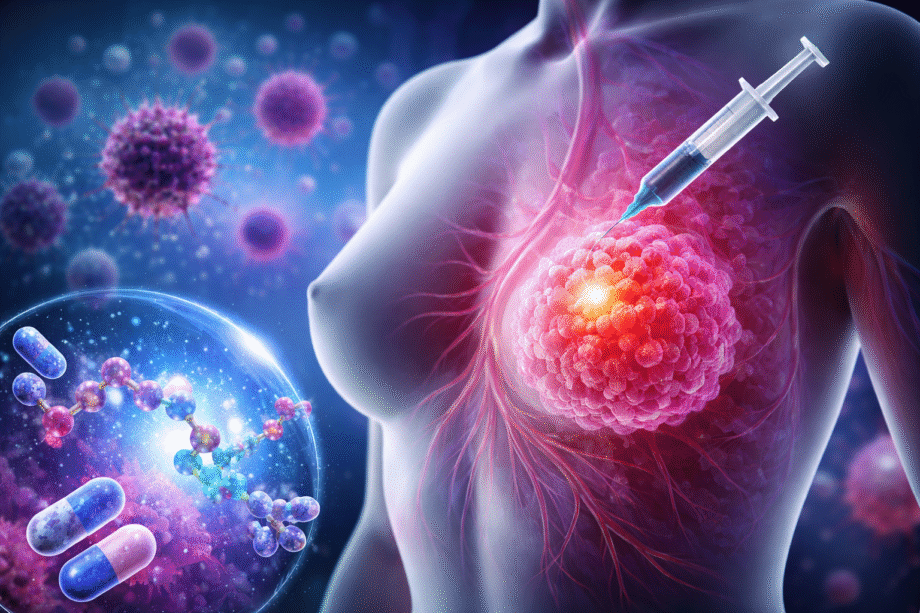 Ilustración médica de un tumor de Cáncer de mama con una inyección terapéutica y moléculas representando el compuesto experimental MACTIDE-V en desarrollo contra los tipos más agresivos de la enfermedad.