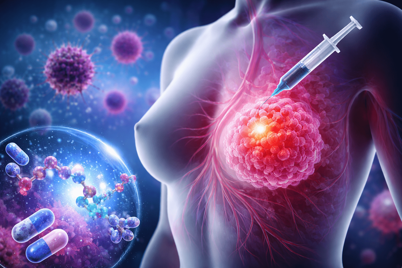 Ilustración médica de un tumor de Cáncer de mama con una inyección terapéutica y moléculas representando el compuesto experimental MACTIDE-V en desarrollo contra los tipos más agresivos de la enfermedad.