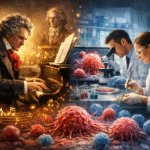 Ilustración que muestra a Beethoven tocando el piano junto a un laboratorio científico donde investigadores analizan células cancerígenas, simbolizando el contraste entre la música y la ciencia médica.
