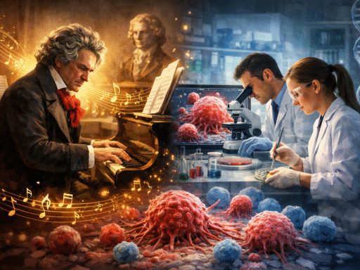 Ilustración que muestra a Beethoven tocando el piano junto a un laboratorio científico donde investigadores analizan células cancerígenas, simbolizando el contraste entre la música y la ciencia médica.