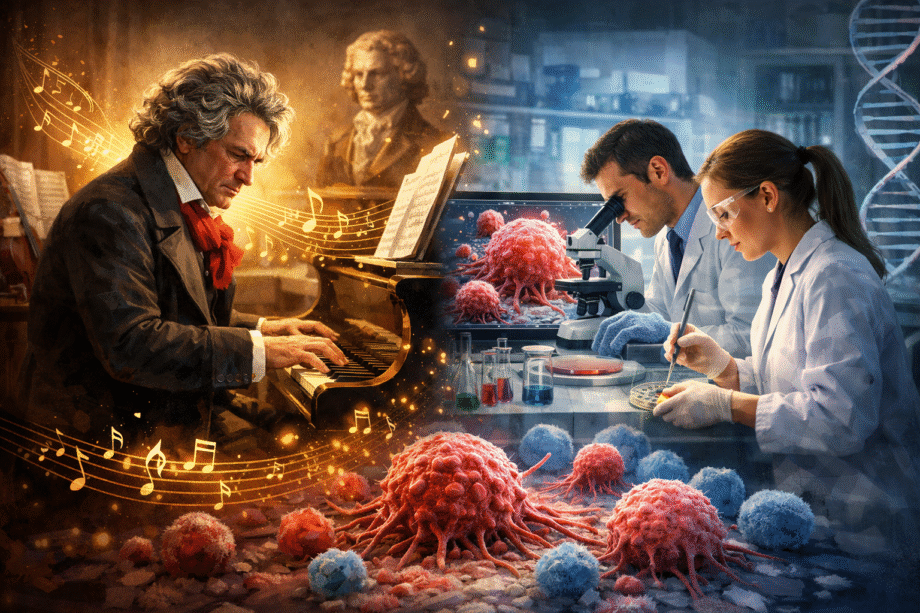 Ilustración que muestra a Beethoven tocando el piano junto a un laboratorio científico donde investigadores analizan células cancerígenas, simbolizando el contraste entre la música y la ciencia médica.