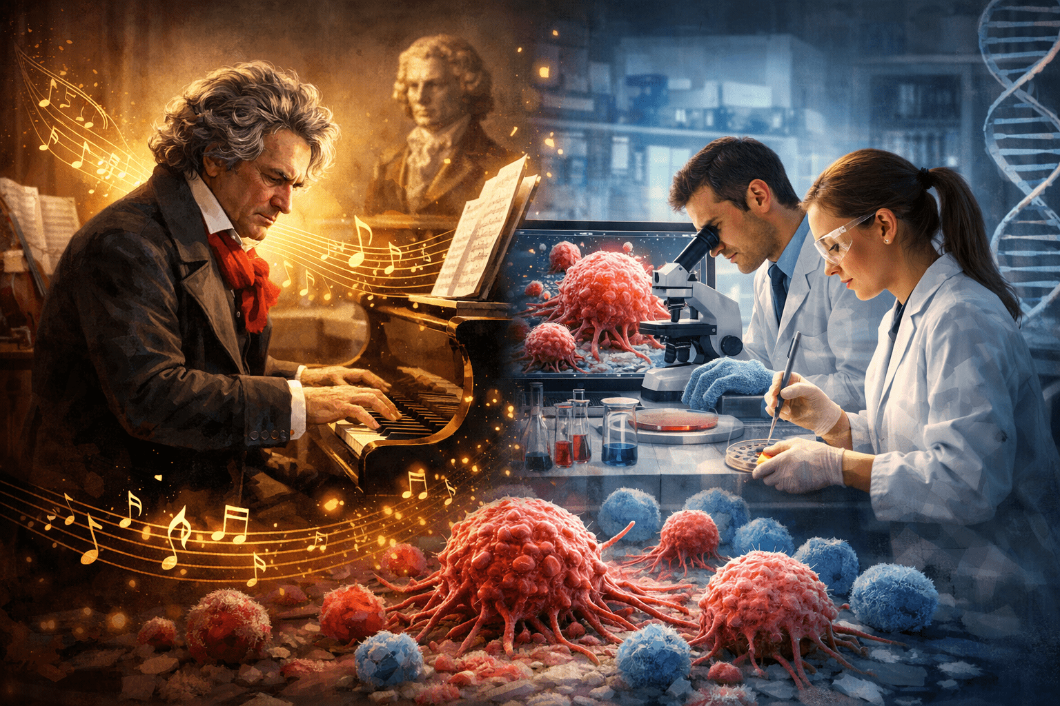 Ilustración que muestra a Beethoven tocando el piano junto a un laboratorio científico donde investigadores analizan células cancerígenas, simbolizando el contraste entre la música y la ciencia médica.