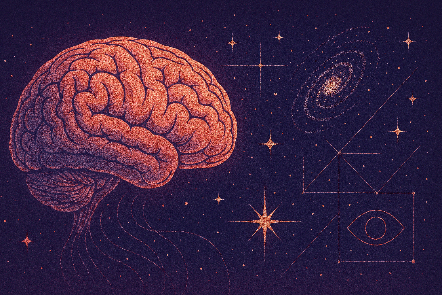 Cerebro conectado con el universo, inspirado en la teoría sintérgica de Jacobo Grinberg que plantea la realidad como ilusión mental.