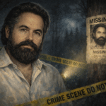 Retrato realista de Jacobo Grinberg con fondo oscuro de bosque, cinta de escena del crimen y cartel de persona desaparecida, representando su misteriosa desaparición.