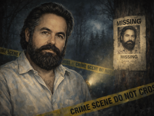 Retrato realista de Jacobo Grinberg con fondo oscuro de bosque, cinta de escena del crimen y cartel de persona desaparecida, representando su misteriosa desaparición.