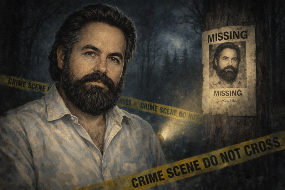 Retrato realista de Jacobo Grinberg con fondo oscuro de bosque, cinta de escena del crimen y cartel de persona desaparecida, representando su misteriosa desaparición.