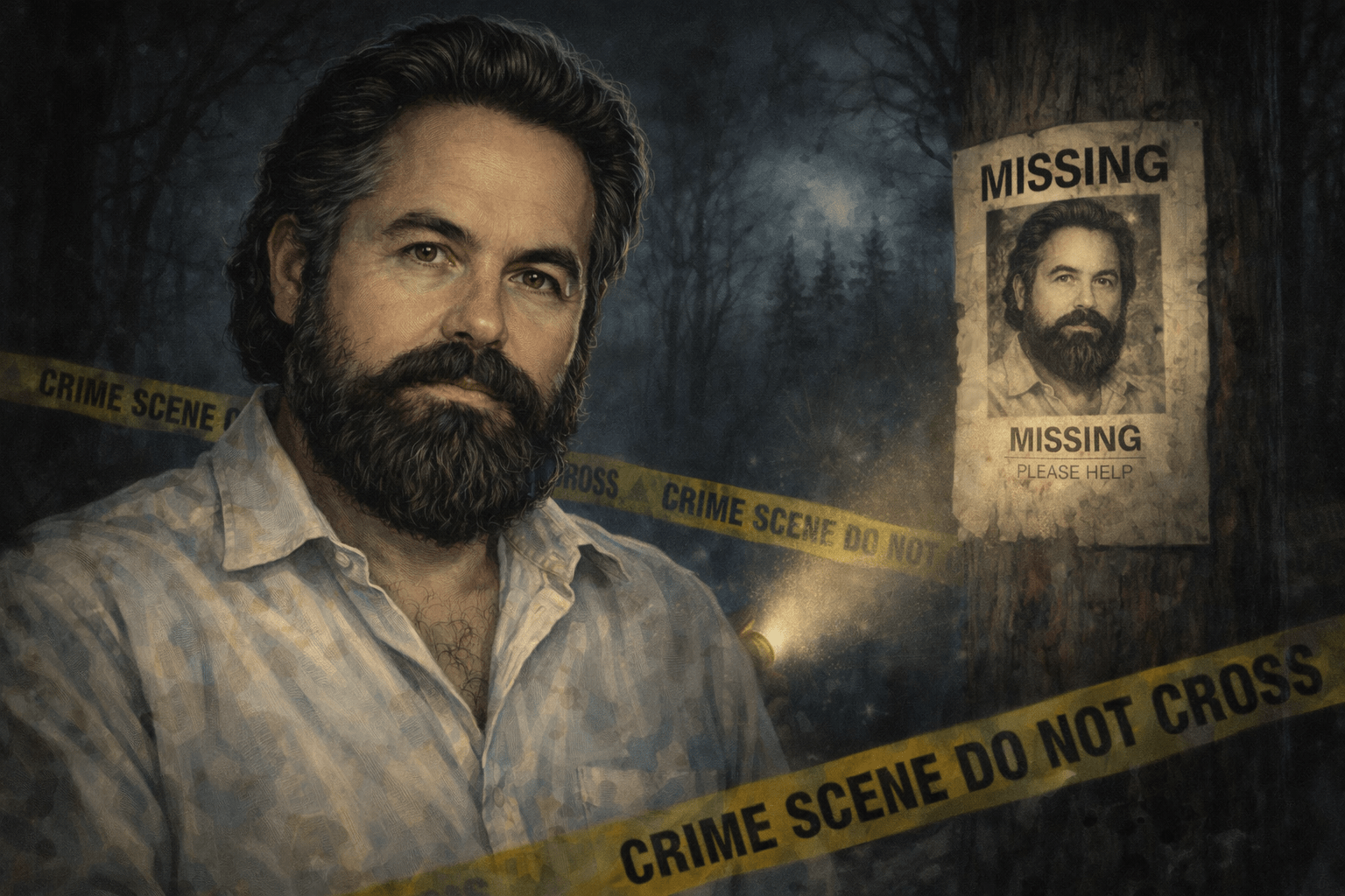Retrato realista de Jacobo Grinberg con fondo oscuro de bosque, cinta de escena del crimen y cartel de persona desaparecida, representando su misteriosa desaparición.