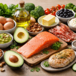 ✅ Texto alternativo (alt text): Fotografía horizontal con alimentos típicos de la dieta keto, incluyendo salmón, aguacate, huevos, frutos secos y otros ingredientes ricos en grasas saludables.