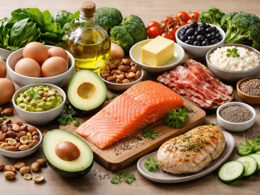 ✅ Texto alternativo (alt text): Fotografía horizontal con alimentos típicos de la dieta keto, incluyendo salmón, aguacate, huevos, frutos secos y otros ingredientes ricos en grasas saludables.