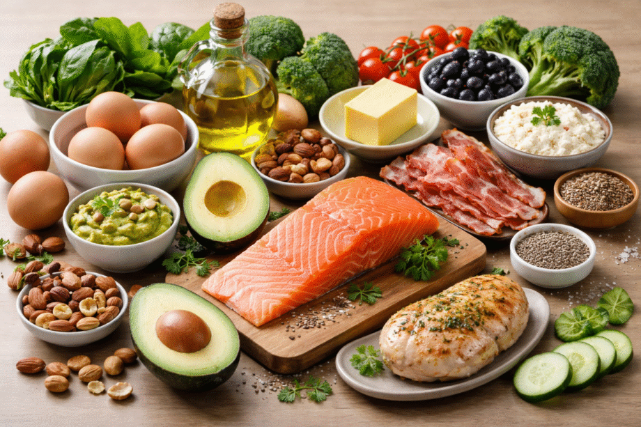 ✅ Texto alternativo (alt text): Fotografía horizontal con alimentos típicos de la dieta keto, incluyendo salmón, aguacate, huevos, frutos secos y otros ingredientes ricos en grasas saludables.