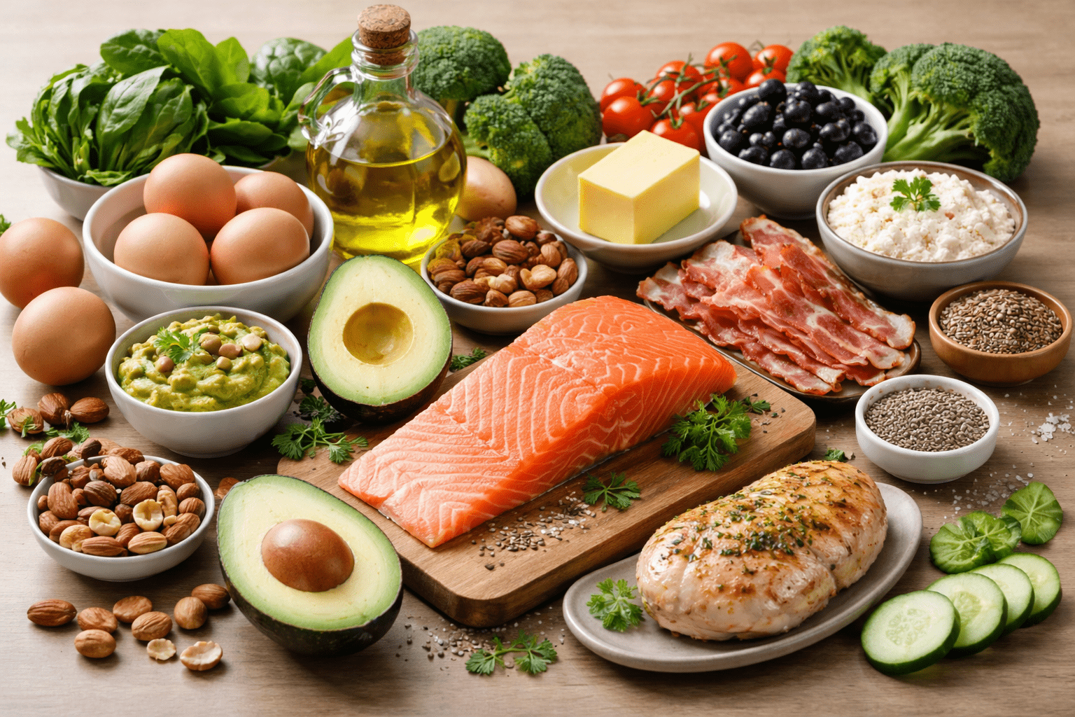 ✅ Texto alternativo (alt text): Fotografía horizontal con alimentos típicos de la dieta keto, incluyendo salmón, aguacate, huevos, frutos secos y otros ingredientes ricos en grasas saludables.