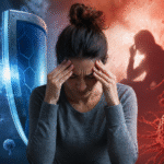 Persona con signos de estrés rodeada de células y elementos que representan el sistema inmunológico y el cáncer, ilustrando su posible relación.