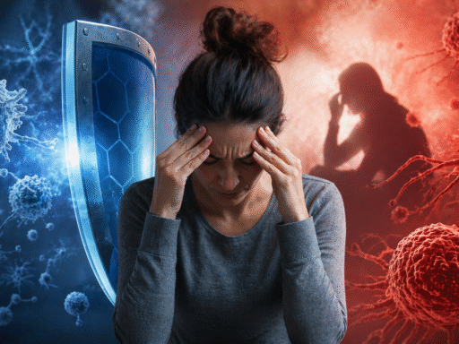Persona con signos de estrés rodeada de células y elementos que representan el sistema inmunológico y el cáncer, ilustrando su posible relación.