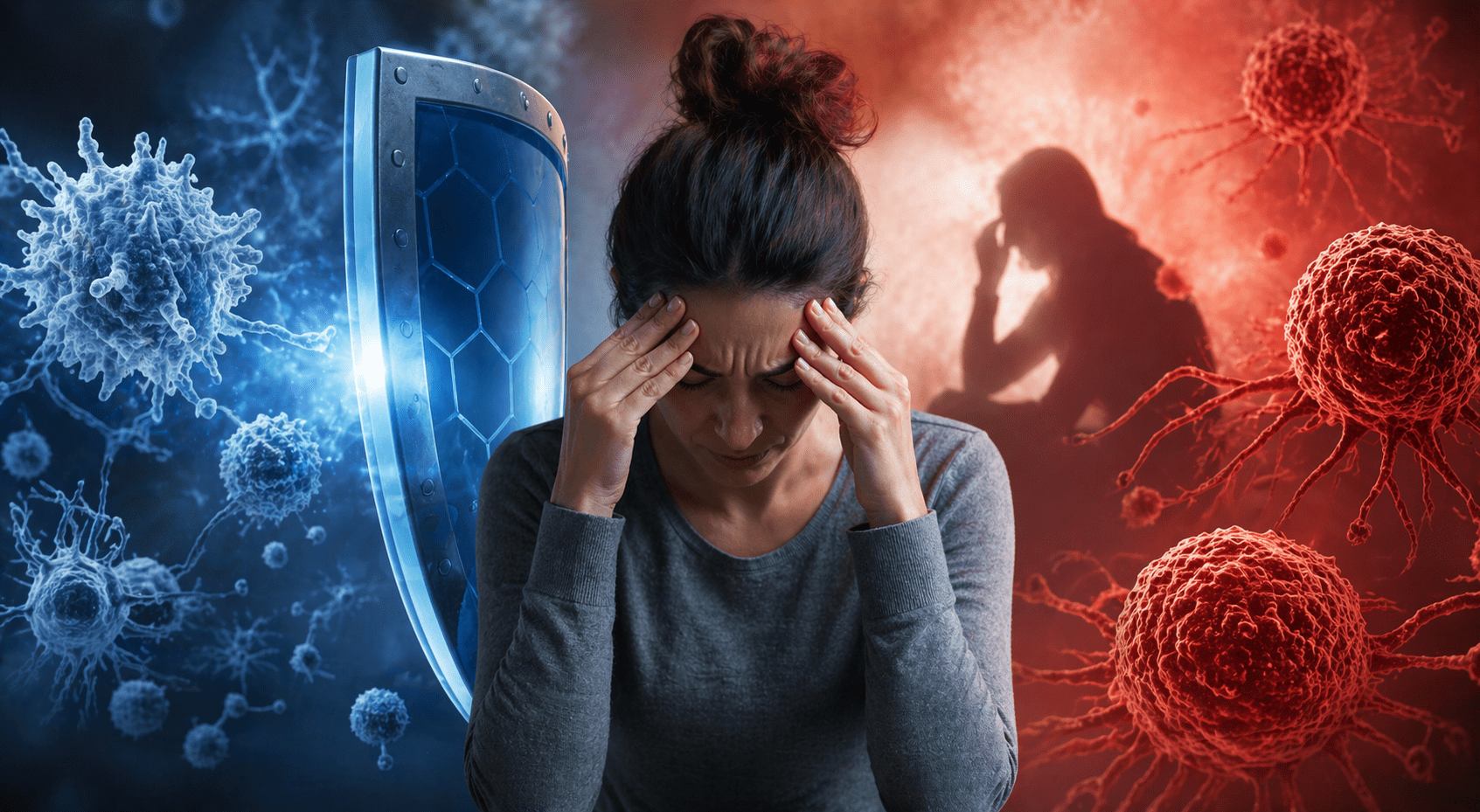 Persona con signos de estrés rodeada de células y elementos que representan el sistema inmunológico y el cáncer, ilustrando su posible relación.