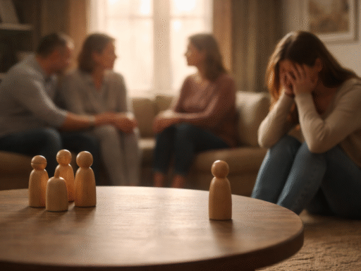 Mujer sentada aparte con gesto de tristeza mientras figuras de madera representan exclusión dentro del sistema familiar en una sesión de constelaciones familiares.