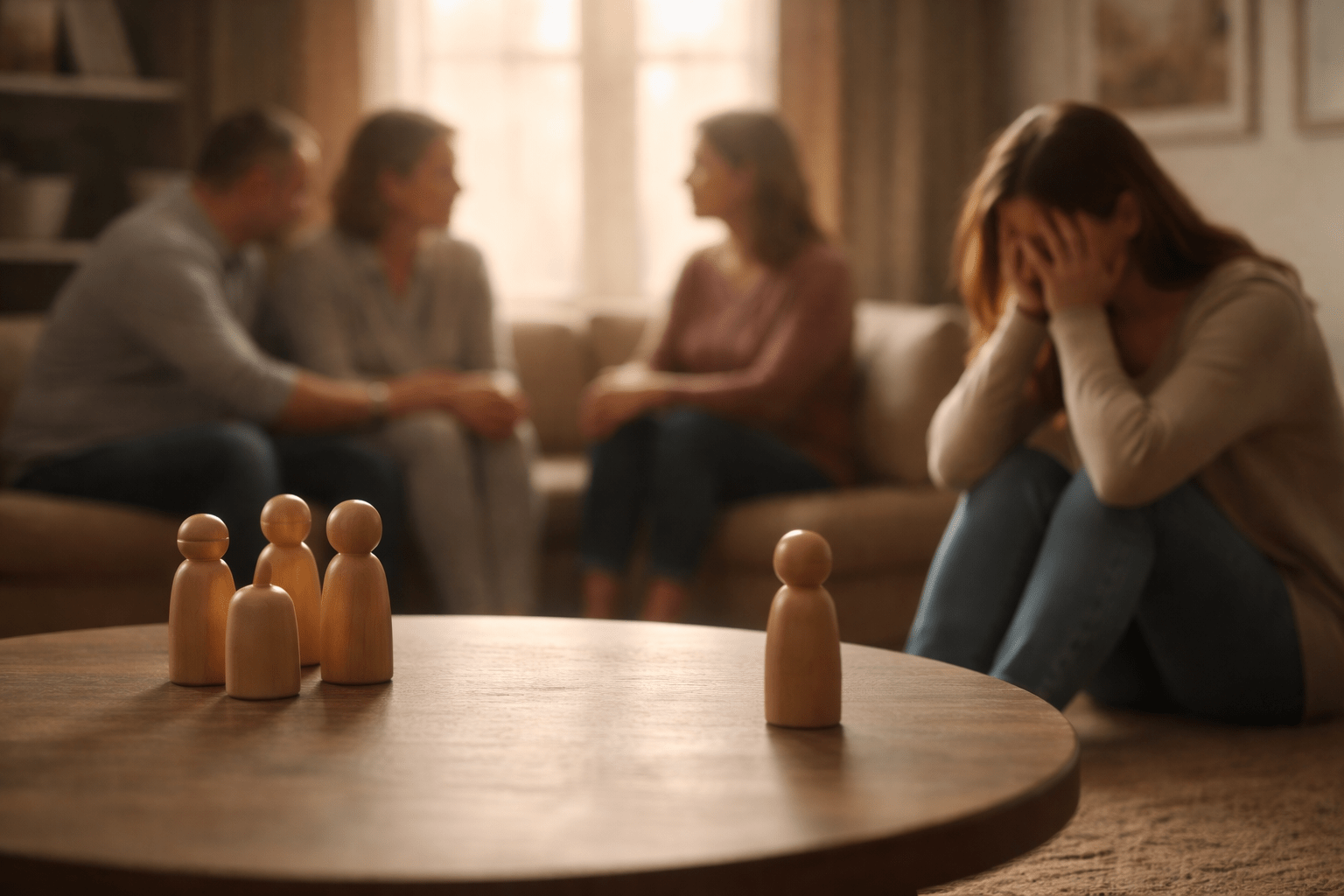 Mujer sentada aparte con gesto de tristeza mientras figuras de madera representan exclusión dentro del sistema familiar en una sesión de constelaciones familiares.