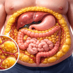 Ilustración médica en corte transversal del abdomen masculino mostrando grasa visceral amarilla rodeando y entre los intestinos y órganos internos.