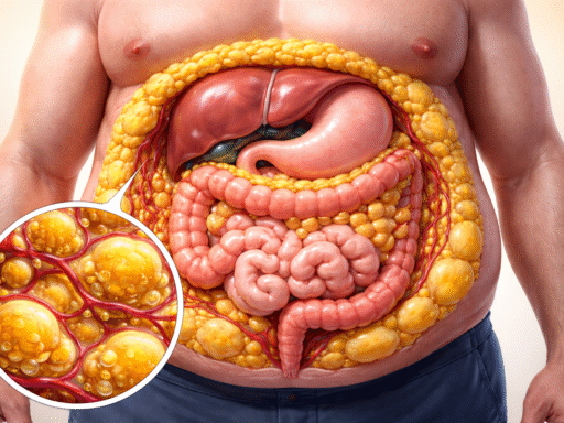 Ilustración médica en corte transversal del abdomen masculino mostrando grasa visceral amarilla rodeando y entre los intestinos y órganos internos.