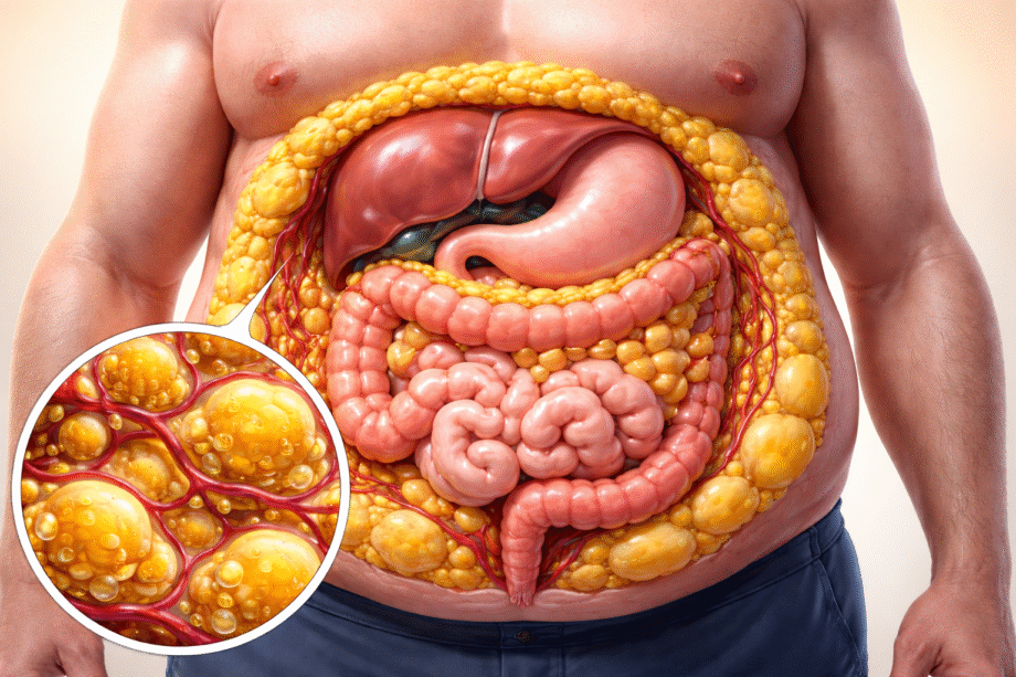 Ilustración médica en corte transversal del abdomen masculino mostrando grasa visceral amarilla rodeando y entre los intestinos y órganos internos.