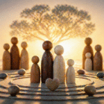 Figuras simbólicas de una familia dispuestas en círculo con un árbol al fondo, representando los órdenes del amor, la conexión y la armonía familiar.