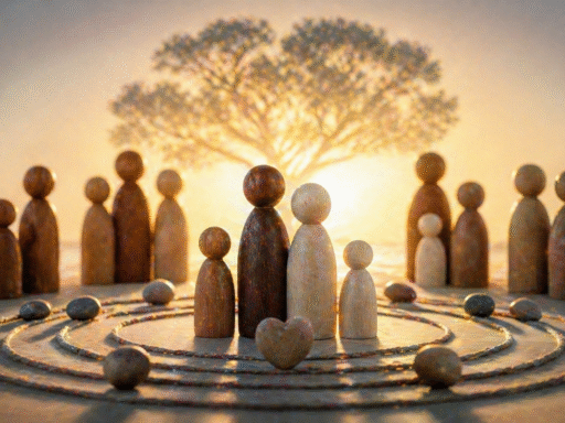 Figuras simbólicas de una familia dispuestas en círculo con un árbol al fondo, representando los órdenes del amor, la conexión y la armonía familiar.
