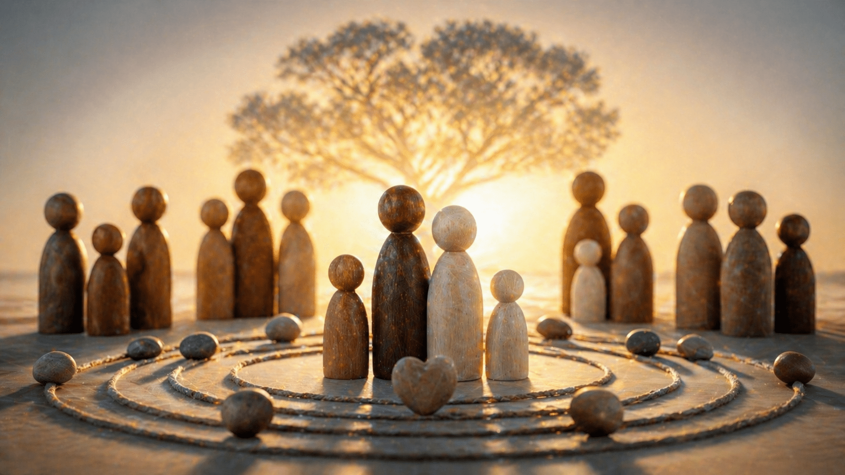 Figuras simbólicas de una familia dispuestas en círculo con un árbol al fondo, representando los órdenes del amor, la conexión y la armonía familiar.