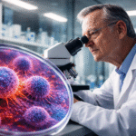 Investigador observa células de cáncer de páncreas a través de un microscopio en un laboratorio de investigación oncológica.