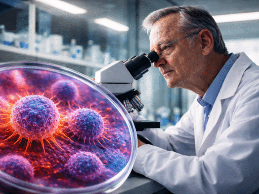 Investigador observa células de cáncer de páncreas a través de un microscopio en un laboratorio de investigación oncológica.
