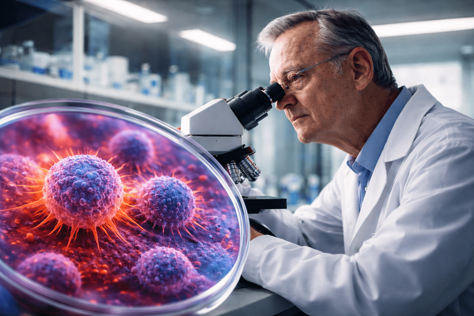Investigador observa células de cáncer de páncreas a través de un microscopio en un laboratorio de investigación oncológica.