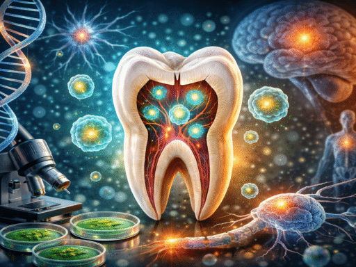 Muela del juicio abierta con pulpa iluminada mostrando células madre, rodeada de microscopio, placas de Petri, ADN y cerebro, ilustrando regeneración neuronal y medicina regenerativa.