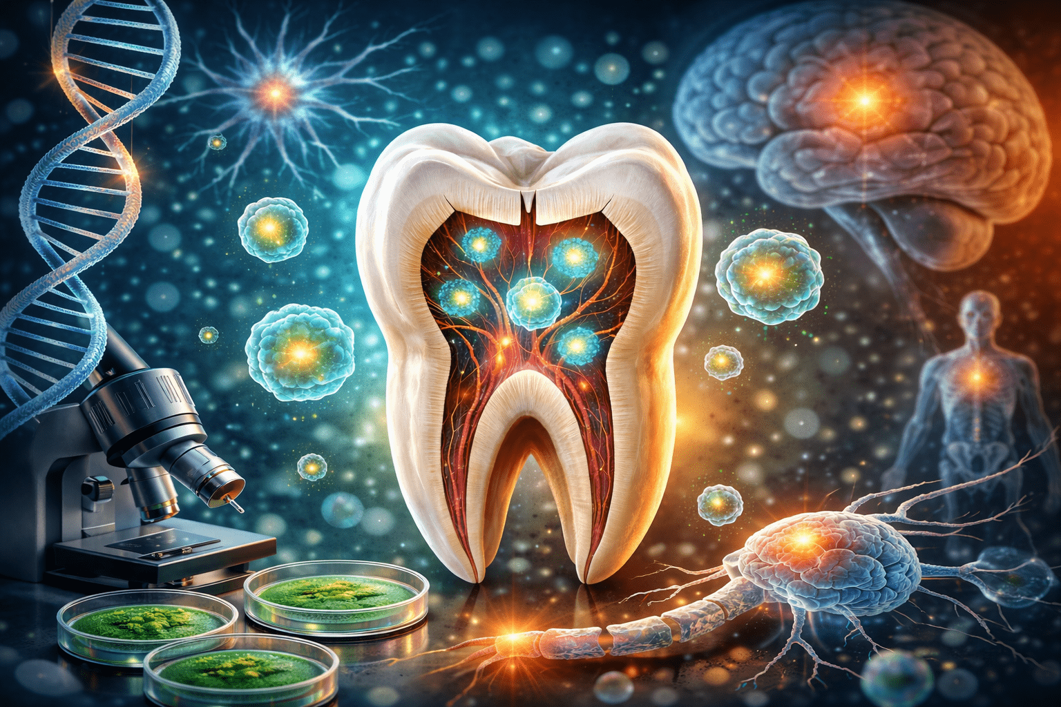 Muela del juicio abierta con pulpa iluminada mostrando células madre, rodeada de microscopio, placas de Petri, ADN y cerebro, ilustrando regeneración neuronal y medicina regenerativa.