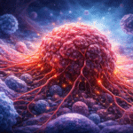 Imagen digital de un tumor canceroso en primer plano, con células sanas alrededor y vasos sanguíneos que irrigan el tumor, representando visualmente la progresión del cáncer en el cuerpo humano.