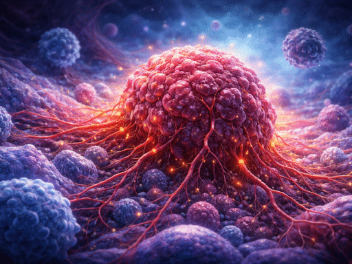 Imagen digital de un tumor canceroso en primer plano, con células sanas alrededor y vasos sanguíneos que irrigan el tumor, representando visualmente la progresión del cáncer en el cuerpo humano.