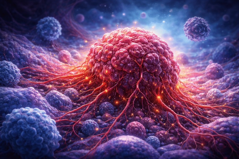 Imagen digital de un tumor canceroso en primer plano, con células sanas alrededor y vasos sanguíneos que irrigan el tumor, representando visualmente la progresión del cáncer en el cuerpo humano.