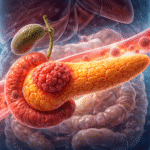 Ilustración médica horizontal del páncreas con tumor canceroso y células malignas en el torrente sanguíneo.