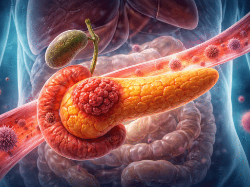 Ilustración médica horizontal del páncreas con tumor canceroso y células malignas en el torrente sanguíneo.