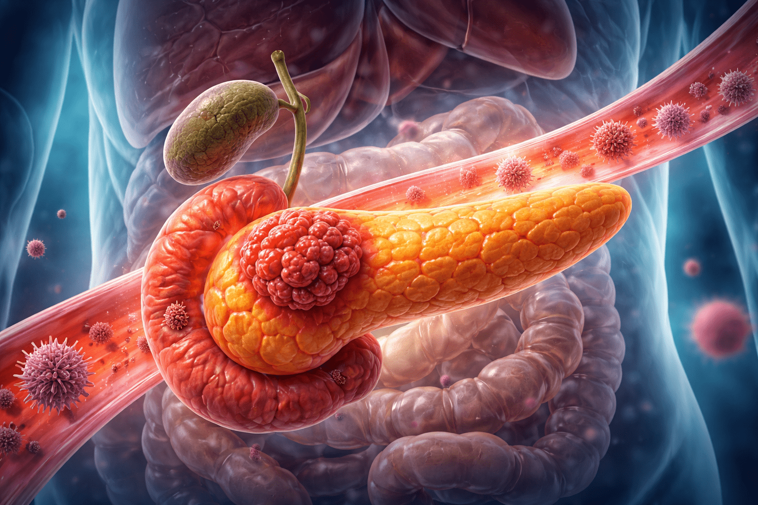 Ilustración médica horizontal del páncreas con tumor canceroso y células malignas en el torrente sanguíneo.