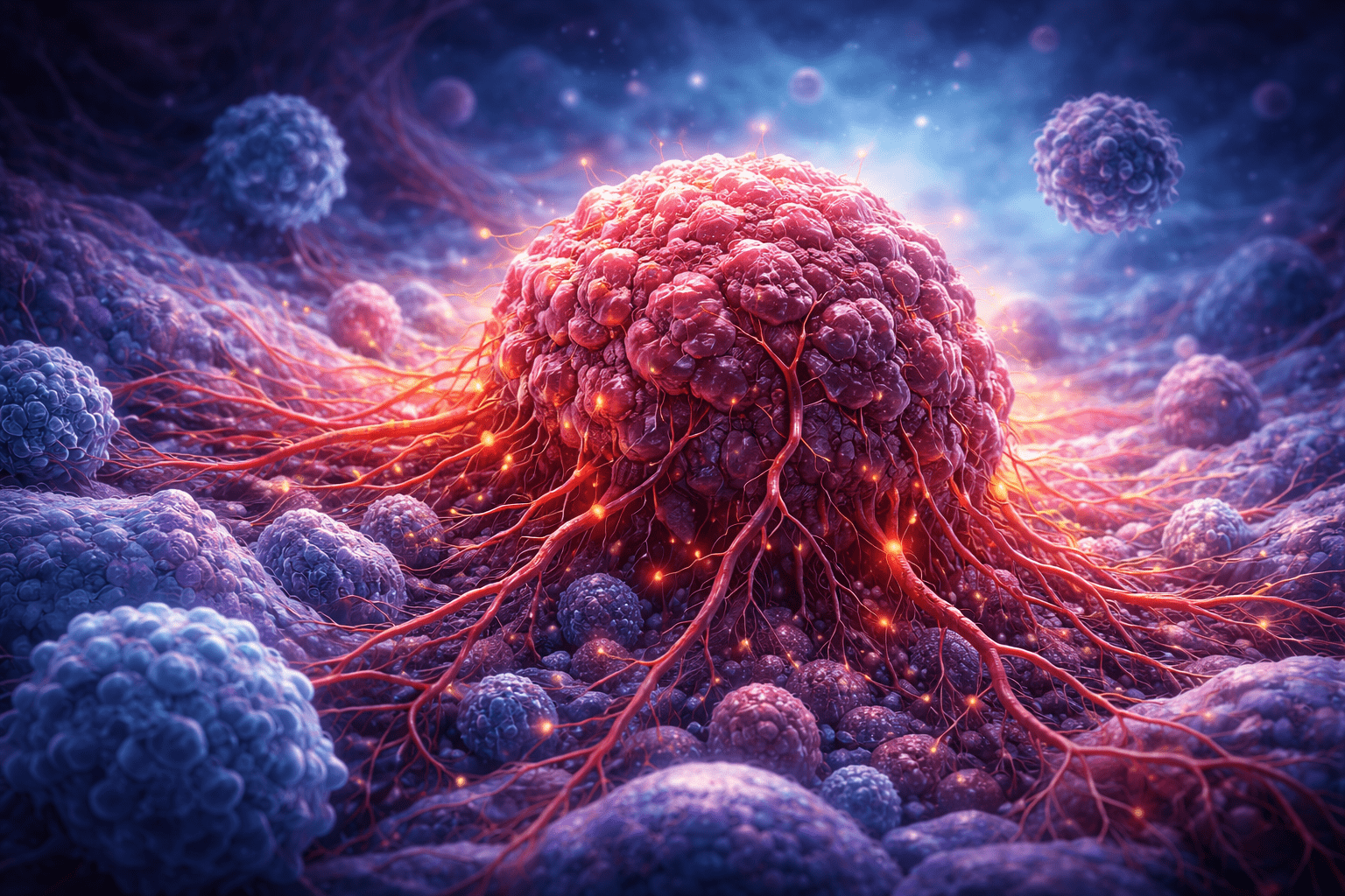 Imagen digital de un tumor canceroso en primer plano, con células sanas alrededor y vasos sanguíneos que irrigan el tumor, representando visualmente la progresión del cáncer en el cuerpo humano.