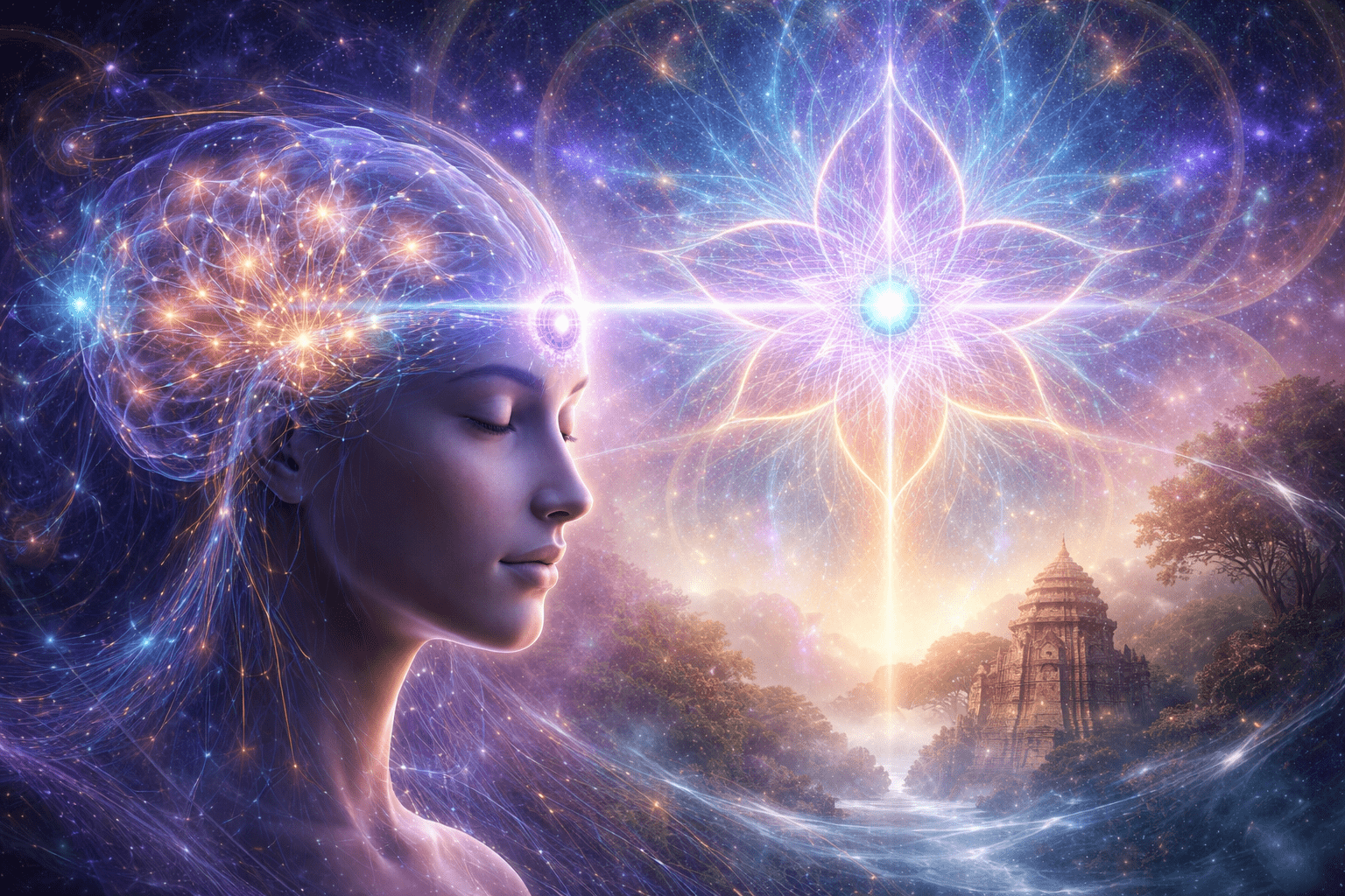 Figura humana en estado meditativo con el tercer ojo activado, conexiones neuronales y energía luminosa que simbolizan la conciencia y la percepción según Jacobo Grinberg.