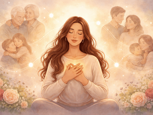 Ilustración horizontal de una mujer en calma con los ojos cerrados y las manos en el corazón, rodeada de figuras familiares etéreas que simbolizan el vínculo entre las emociones presentes y el sistema familiar desde las constelaciones familiares.