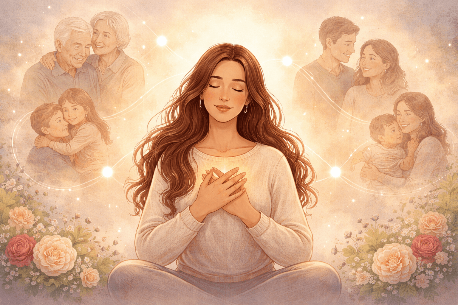 Ilustración horizontal de una mujer en calma con los ojos cerrados y las manos en el corazón, rodeada de figuras familiares etéreas que simbolizan el vínculo entre las emociones presentes y el sistema familiar desde las constelaciones familiares.