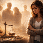 Mujer reflexiva junto a una balanza antigua y fotografías familiares con figuras difusas al fondo que simbolizan ancestros y memoria transgeneracional en constelaciones familiares.